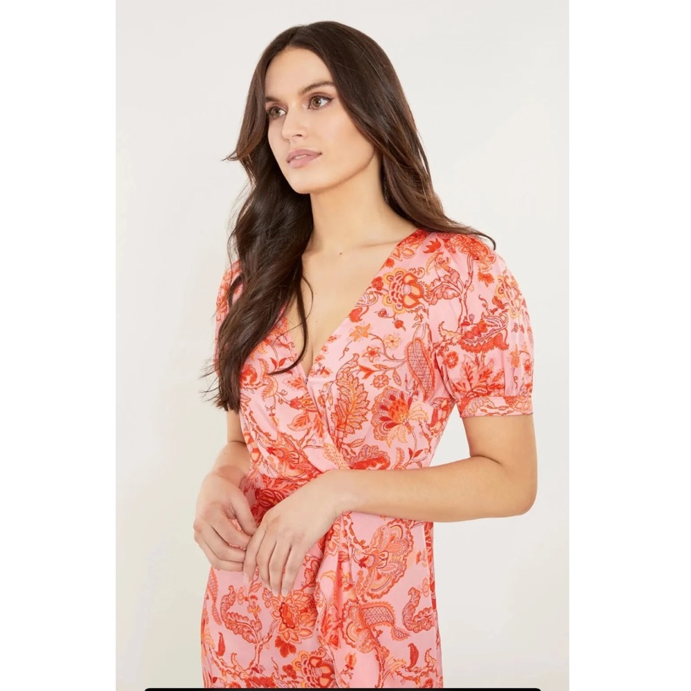 Cinq À Sept Kay Faux-Wrap Floral Pink Ruffle Midi Dress V-Neck Short Sleeve 4 SM